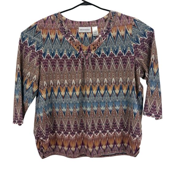 Alfred Dunner Tops - Alfred Dunner Blue White Purple Gold Motif 3/4 Sleeve Top Womens XL Shirt